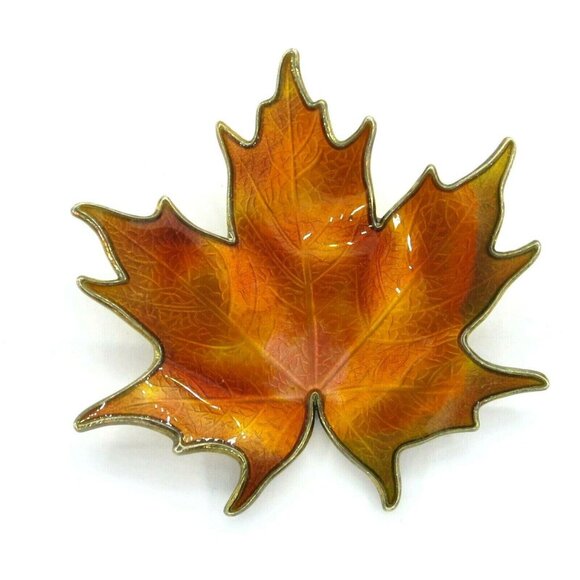 Hroar Prydz  Sterling Silver Orange Amber Enamel Maple Leaf  Brooch, N40 - Picture 2 of 10
